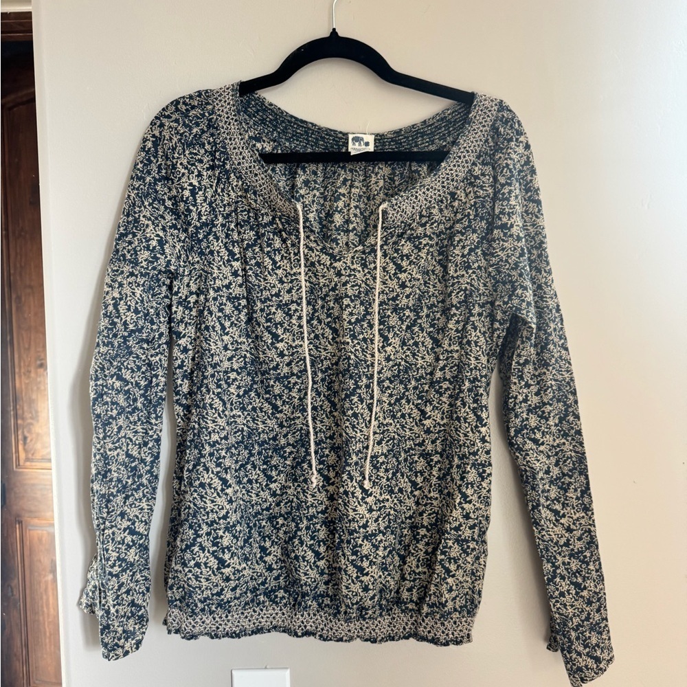 Boho Floral Peasant Prairie Blouse John Robshaw x Lucky Brand Blue Printed Top M